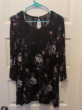 Maurices Black Lace Yoke Floral Top with Purple Accents